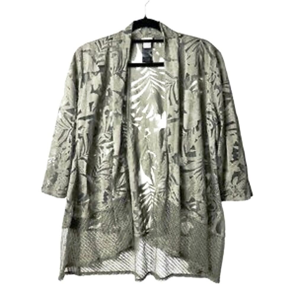 Chico's Travelers Kimono Women’s 16 Burnout Netted Green Leaf Print Sequin Boho